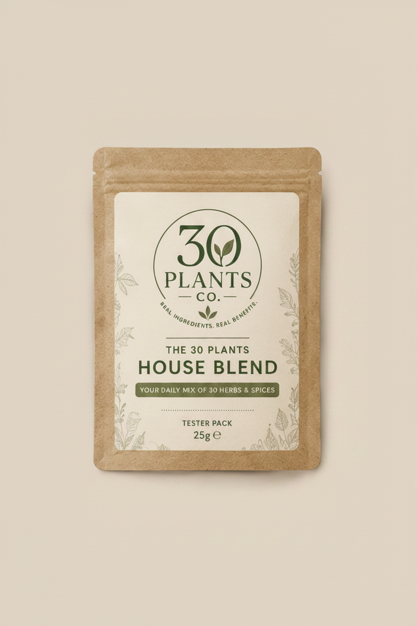 A kraft paper stand-up pouch of '30 Plants Co. The 30 Plants House Blend' tester pack, 25g, shown against a solid beige background.
