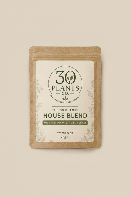 A kraft paper stand-up pouch of '30 Plants Co. The 30 Plants House Blend' tester pack, 25g, shown against a solid beige background.